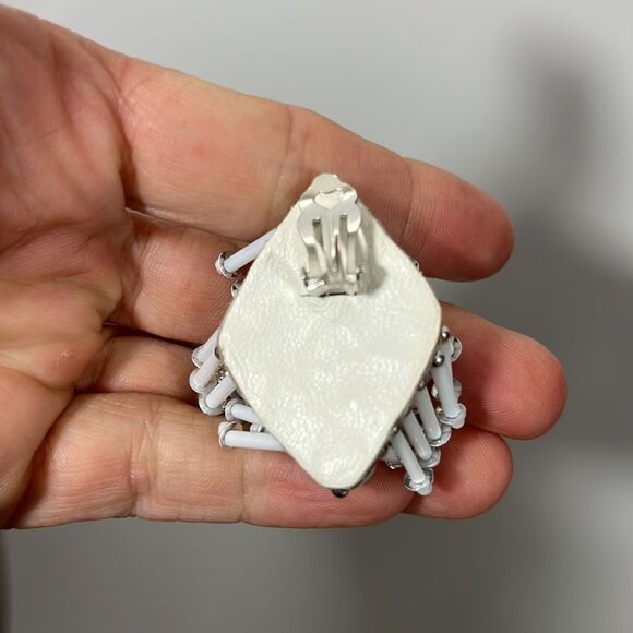 Beaded Diamond Shape Drop Clip On Earrings White Silver - Picture 3 of 4